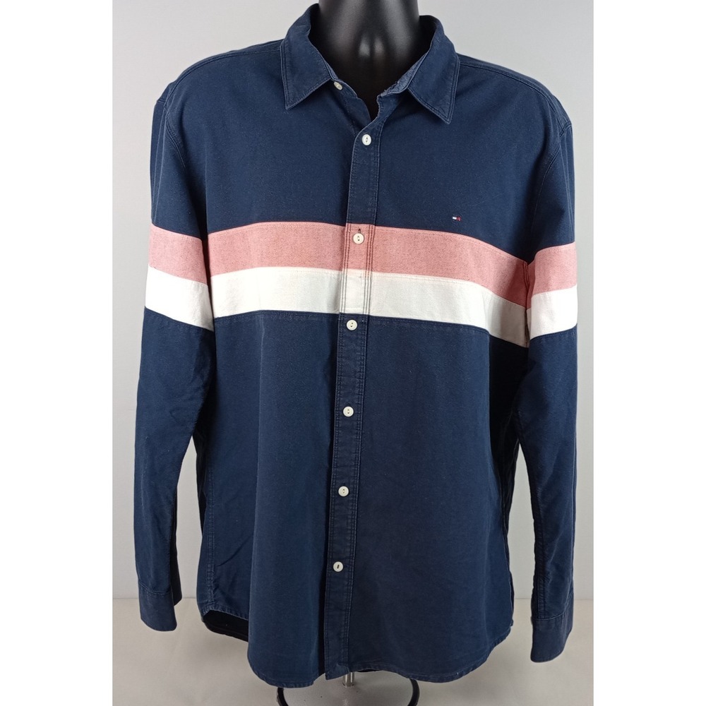 Tommy Hilfiger Mens XL Striped Long Sleeve Heavyweight Collar Shirt Workwear